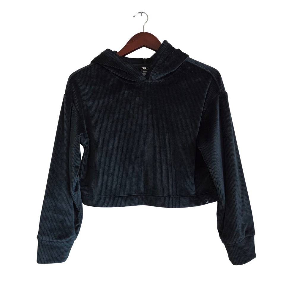 Athleta Girl Rib Velour Cropped Hoodie Dark Green Size L 12 Cozy